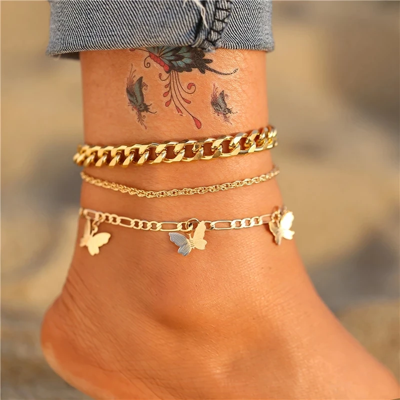 

Bohemian Butterfly Angle Pendant Anklet Bracelet fashion snake chain anklet summer beach foot jewelry, Gold