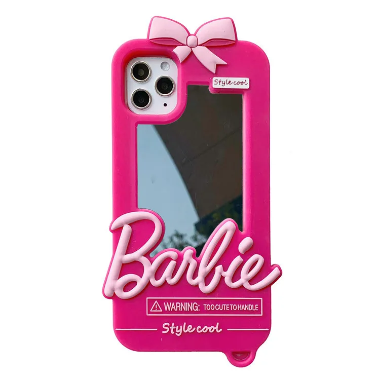 

Cute Girls Pink Silicone Make-up Mirror Cell Phone Cover With Plush Ball Pendant