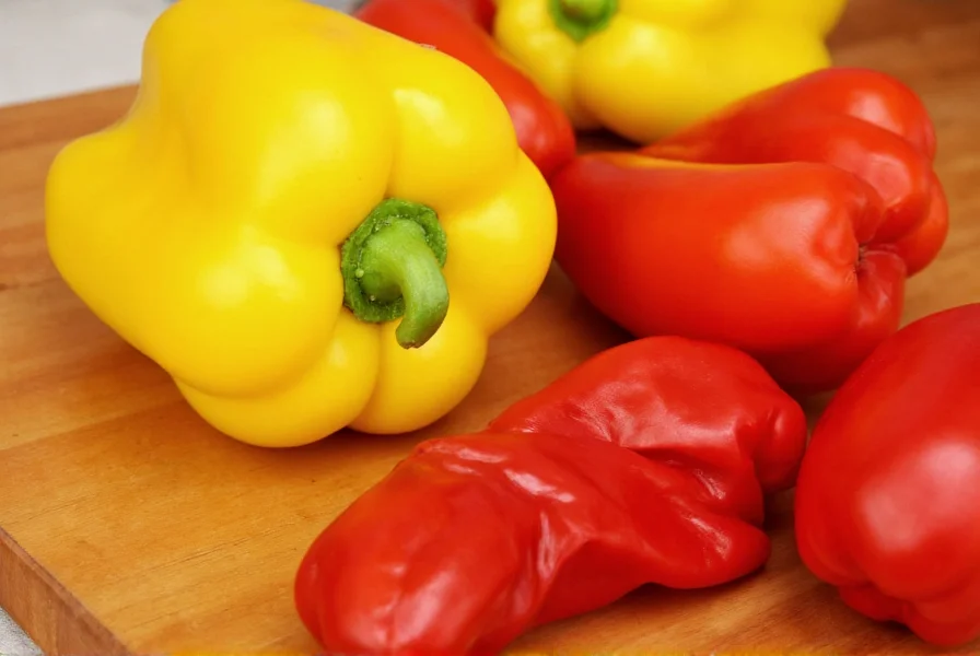 Close-up view of yellow and red wax peppers showing their characteristic waxy skin texture on a wooden cutting board