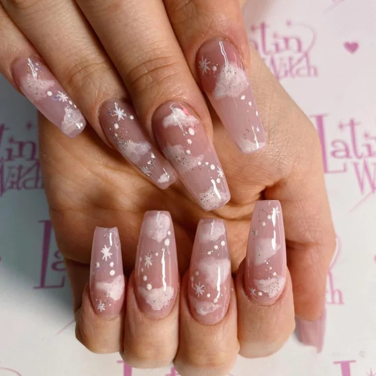 

Long Ballerina press on nails cover nude transparent pink cloud coffin nail press on nails adhesive