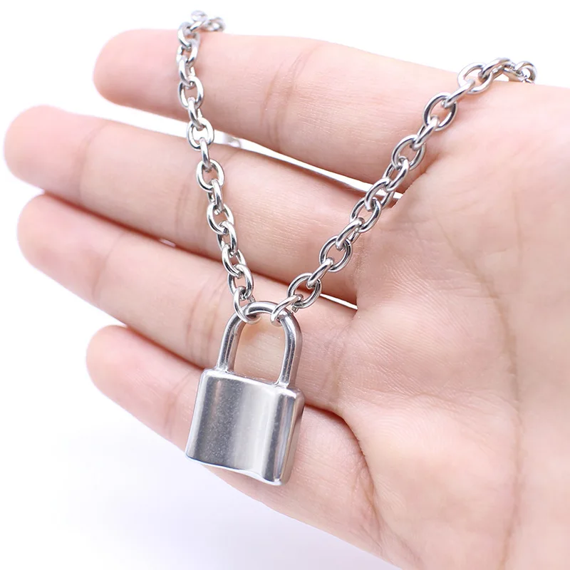 

European Vintage Stainless Steel PadLock Pendant Necklaces Link Chain Lock Necklaces Collar Ras Du Cou Collier For Women Men