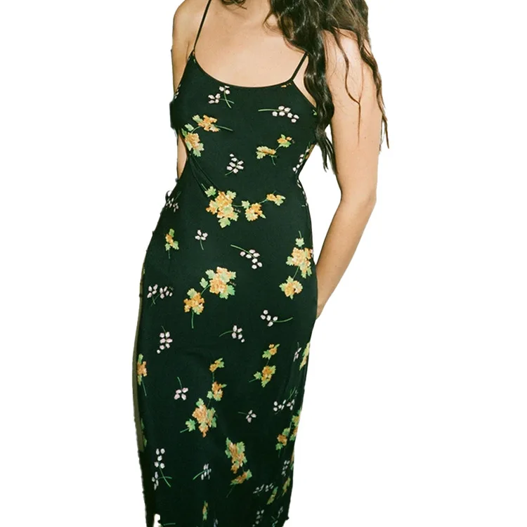 

Summer new strap V-neck open back slim print one piece dress, Green