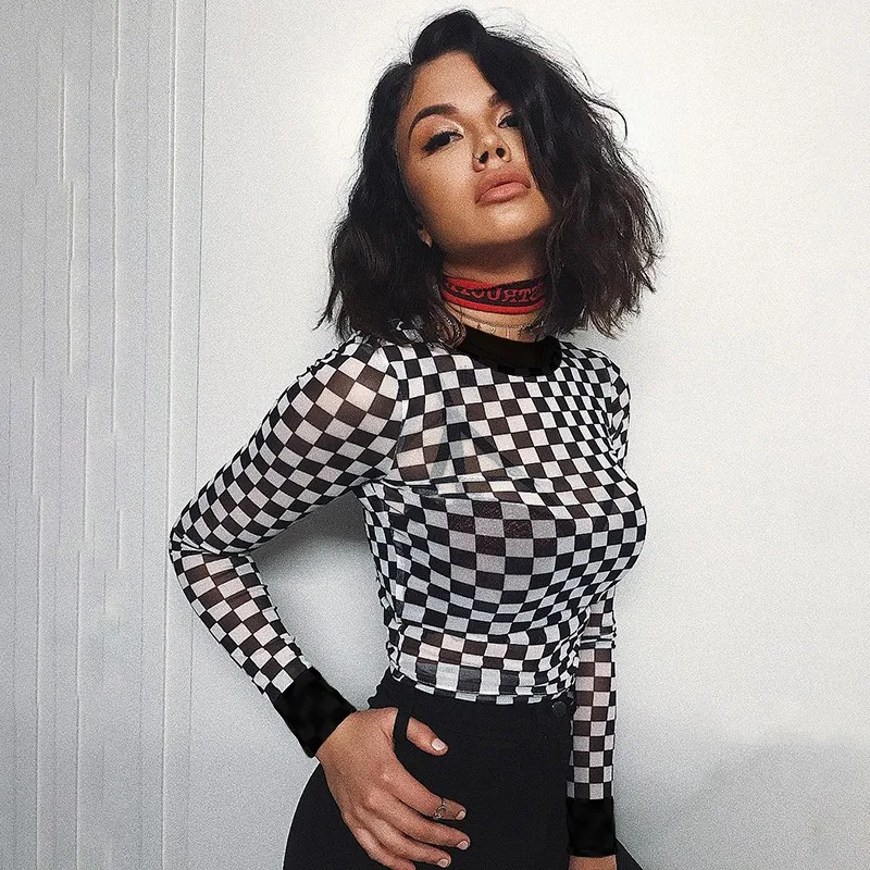 

WW-1280 White Gauze Perspective Grid Long-sleeved Dress Black And White Plaid Mesh Transparent Top Woman Long Sleeve, Customized color