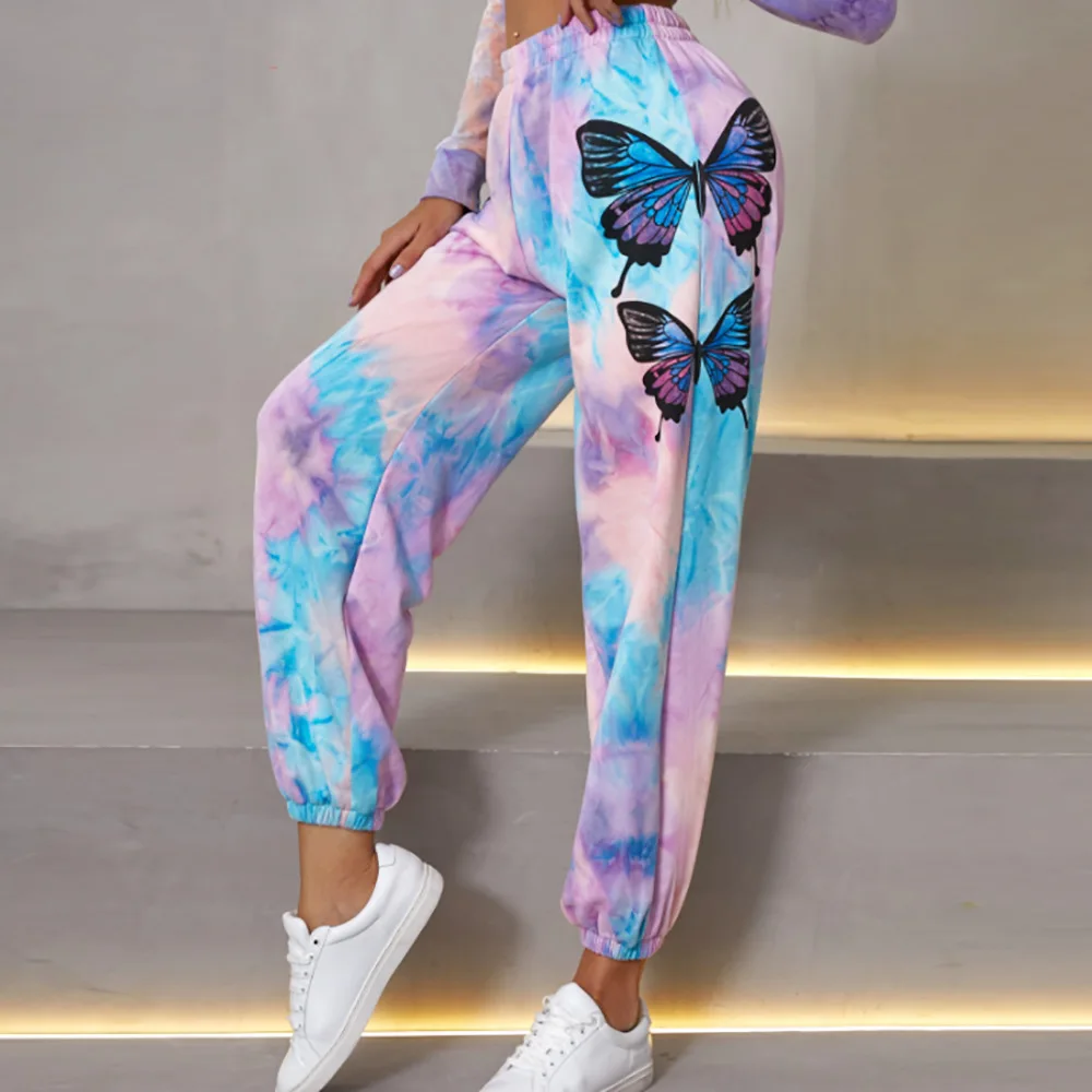 

New Fashion Butterfly Printed Tie Dye High-waisted Drawstring Pants, Picture shown