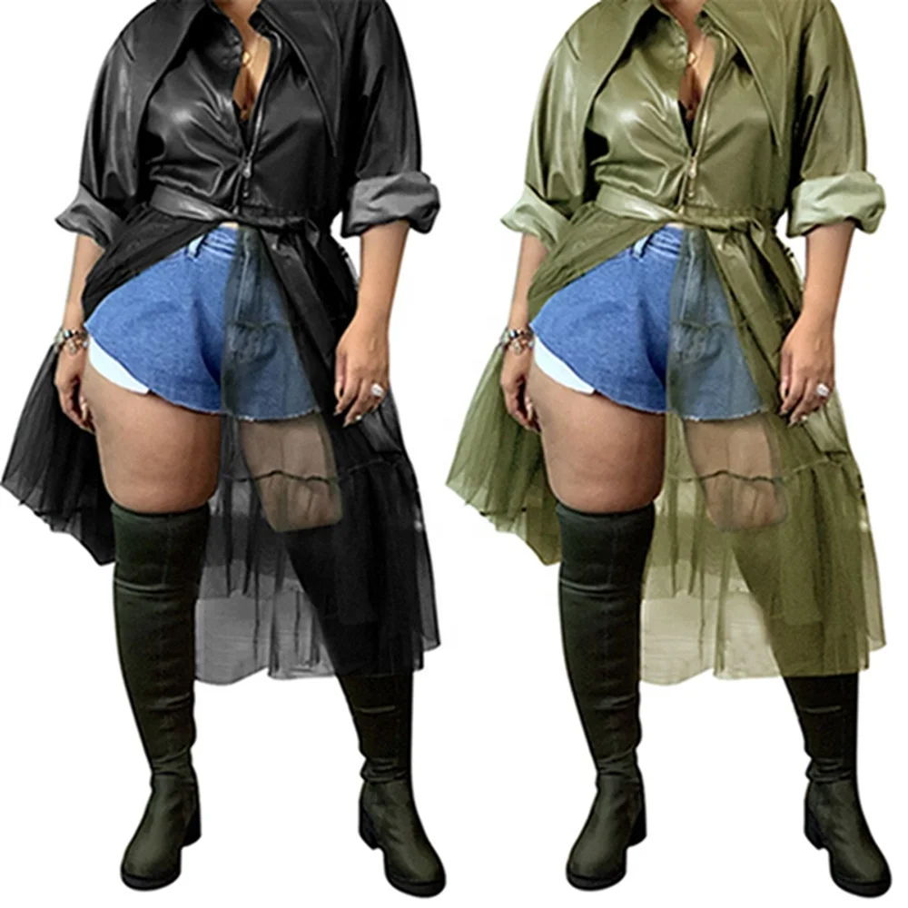 

Mesh Spliced PU Leather Jacket Women Trench Coat Long, Black,red,brown,olive green