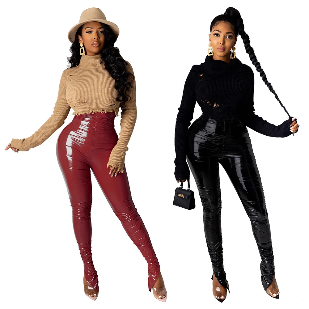 

New design women's clothing high waist stretch elastic PU leather pleated trousers