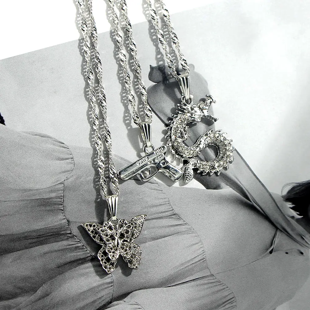 

Hot Sell Multi Layer Silver Color Chain Alloy Animal Dragon Pendant Hollow Butterfly Necklace Women Girl, Gold colors