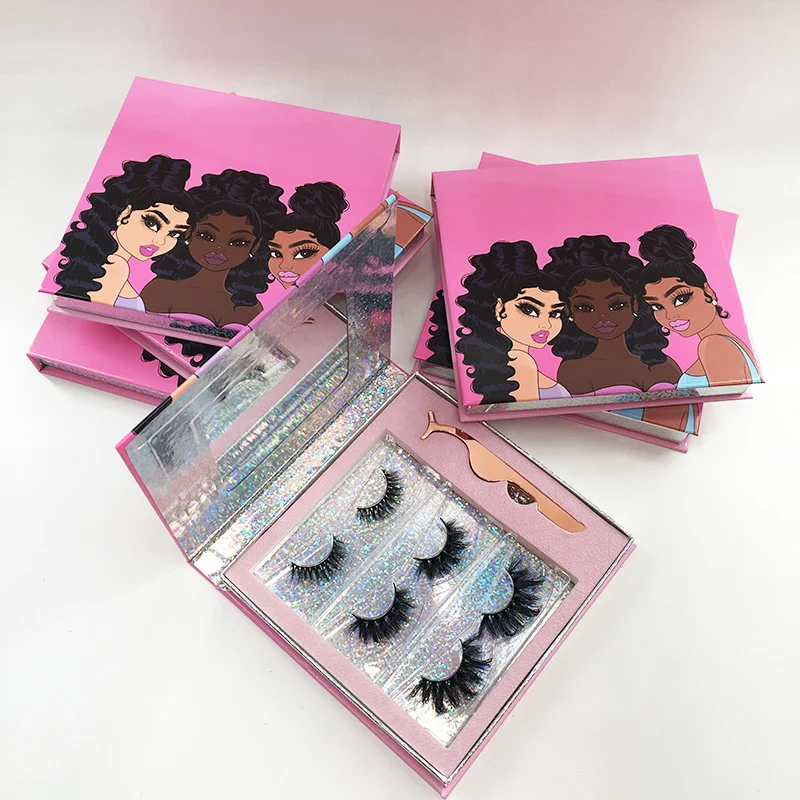

Custom Eyelashes Book Eyelash Packaging Box with Lash Tweezers 3 Pairs Different 3D 5D 25mm Mink False Eyelashes, Natural black