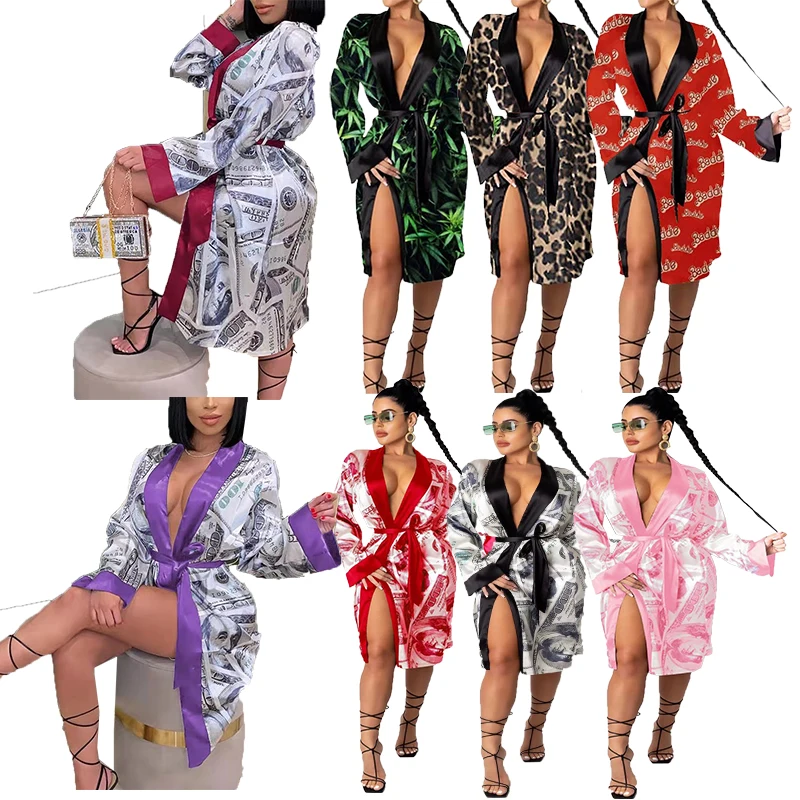 

Custom sexy kimono robe silk satin money print bath robe pajamas for women