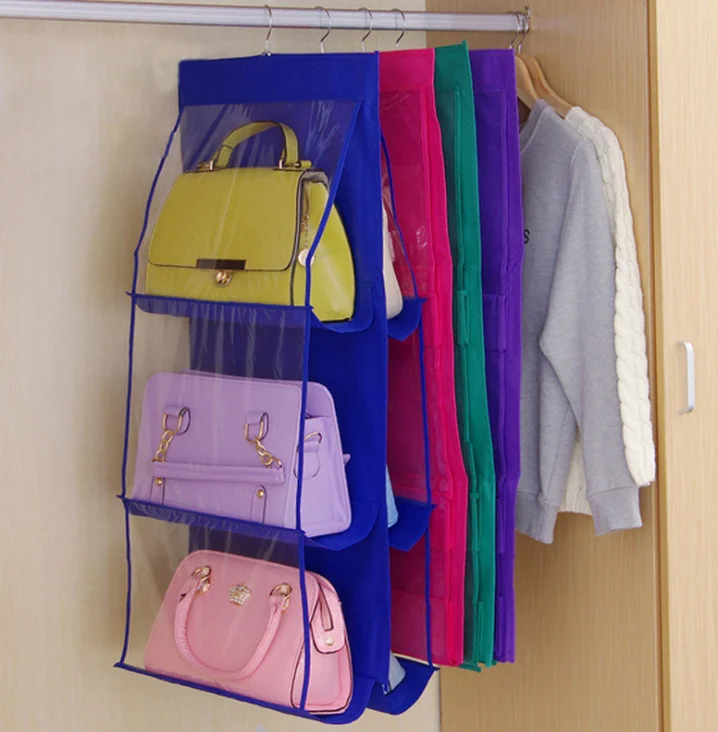 

6 Pocket Hanging Handbag Organizer For Wardrobe Closet Transparent Storage Bag Door Wall Clear Sundry Shoe Bag With Hanger Pouch, Optional