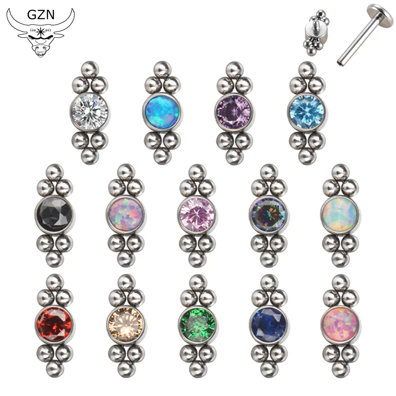 

Gzn Titanium G23 Piercing Internally Threaded 6 Balls Cluster With CZ Bezel Set Top Threadless Labret Ring Jewelry