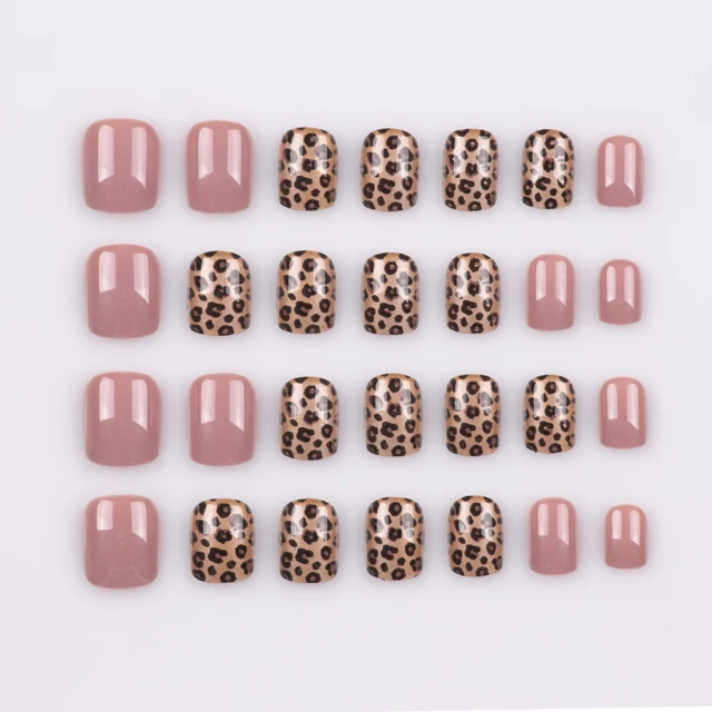 

leopard print Short Square Press on False Nails Full Cover, Brown&pink