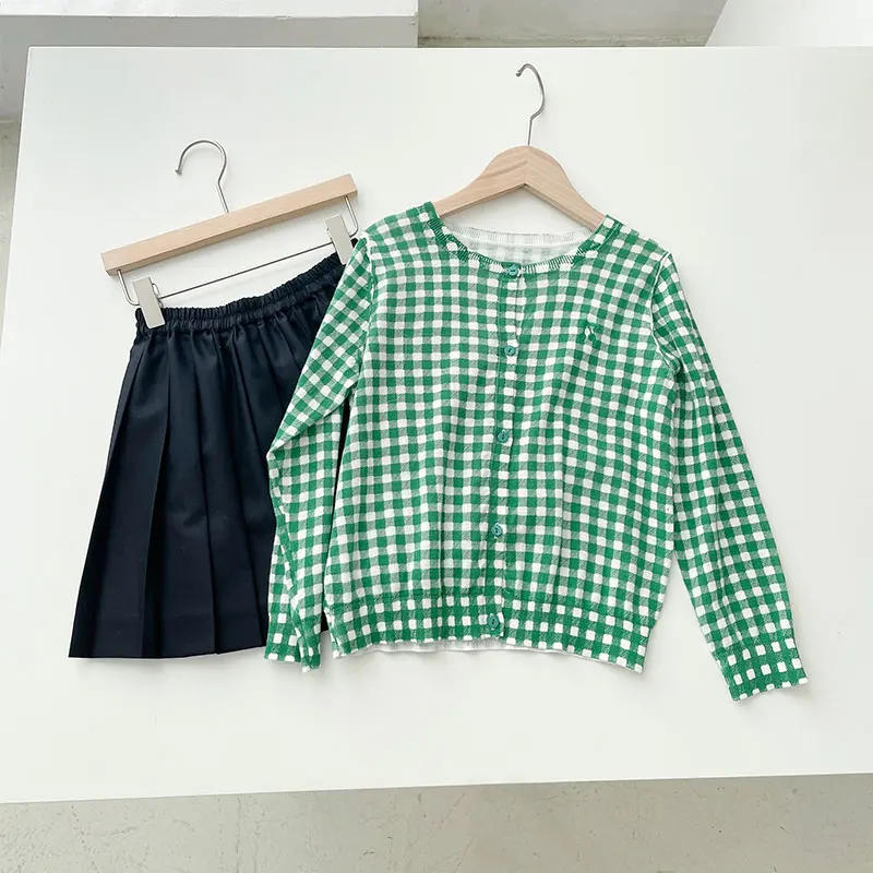 

Factory Made Kids Cardigan Kids Clothing 100% Cotton Green Plaid Cardigan