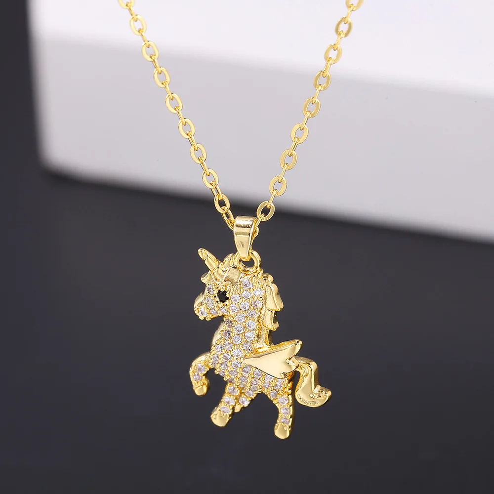 

Women Creative Fashion High Quality Gold Plated CZ Unicorn Horse Pendant Necklace Gold Tone Zirconia Unicorn Horse Necklace