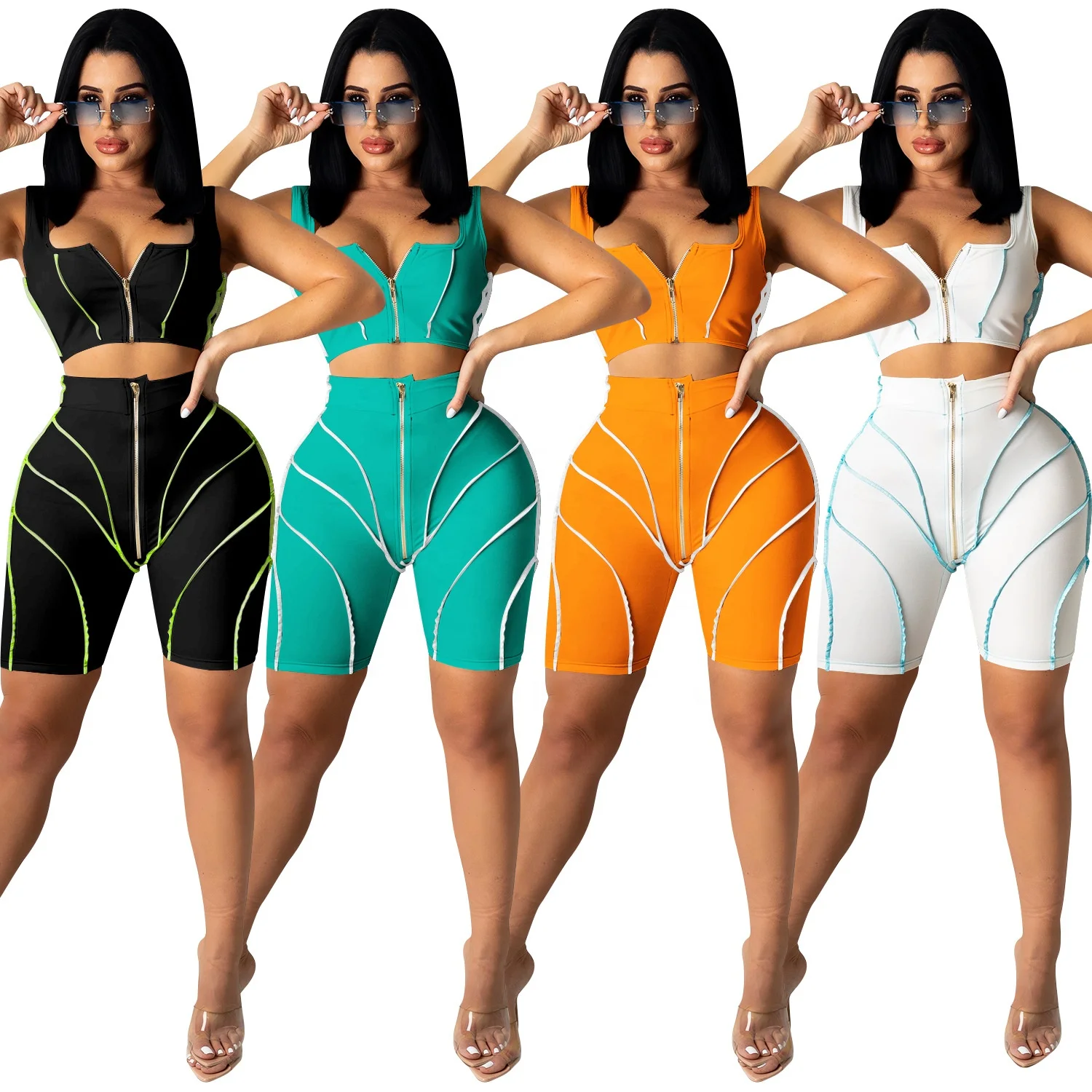 

2021 Womens Fashion Summer 2 Piece Tank Tops Splicing Sling Sports Leisure Suit Pants Club Bodycon Shorts Set, Customized color