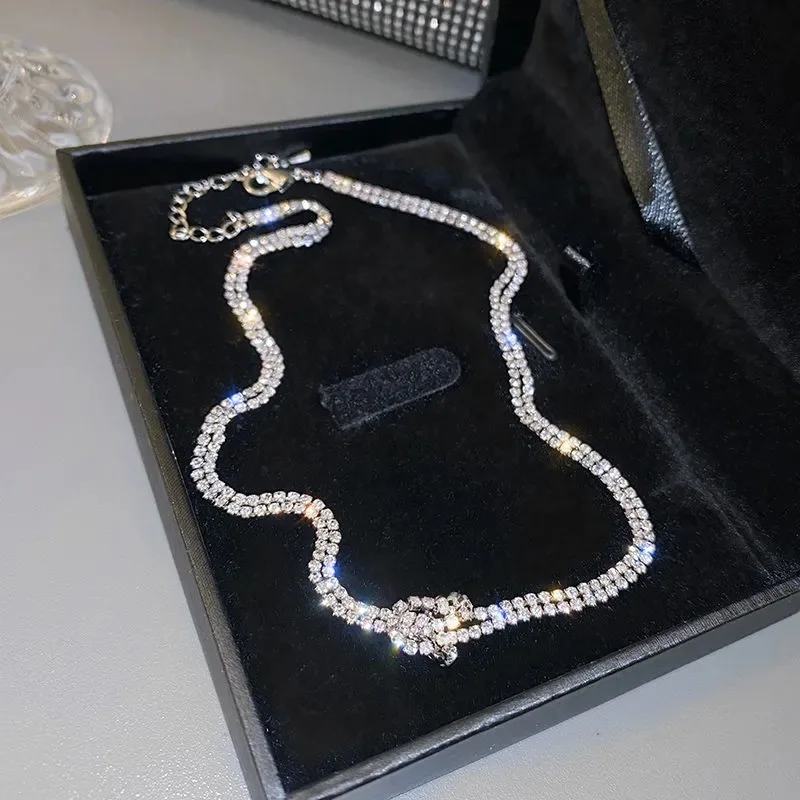 

2021 Ins Shining Crystal Diamond Tennis Chain Necklace Beautiful Double Row Rhinestone Chain Choker Necklace