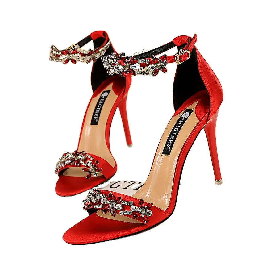 

European and American style sexy banquet high-heeled shoes women's thin heel high heel satin open-toe rhinestone strap sandals