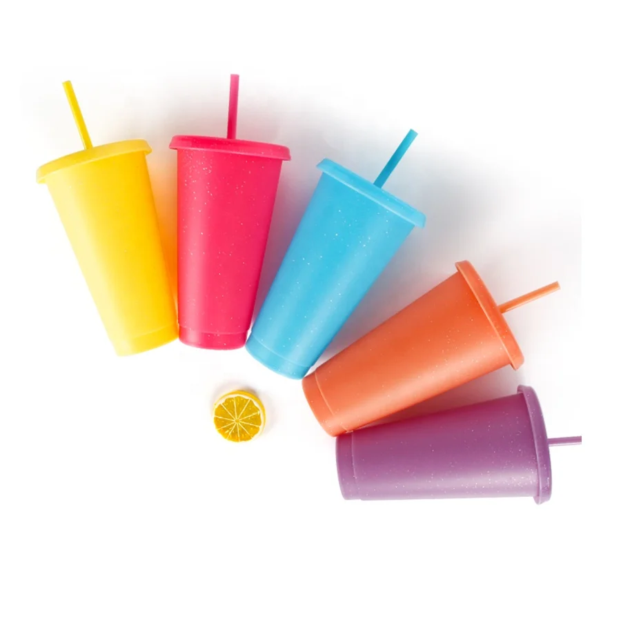 

BPA free Food Grade Single Layer 5 pack Reusable Glitter Plastic Ice Cold Drinking Cup WIth Lids And Straws, Customized