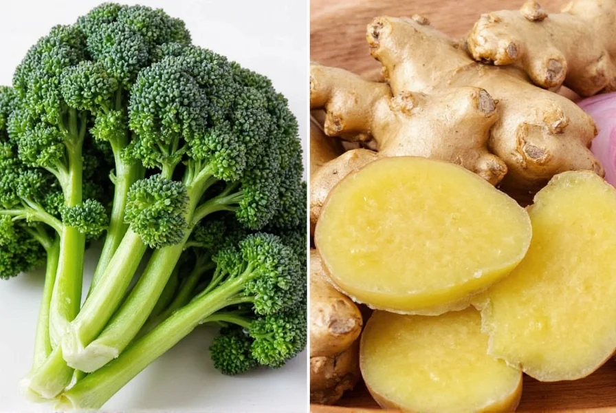 Fresh ginger root and kale leaves side by side