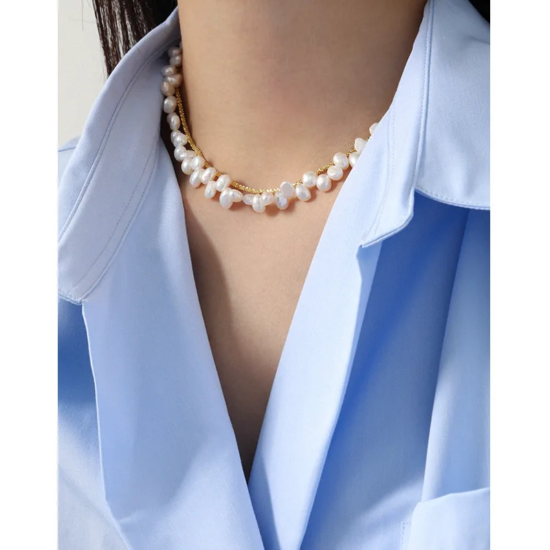 

Fairy Pretty Irregular Shape Pearl Choker Necklace 925 Silver Glossy Baroque Pearl Beaded Necklace For Women