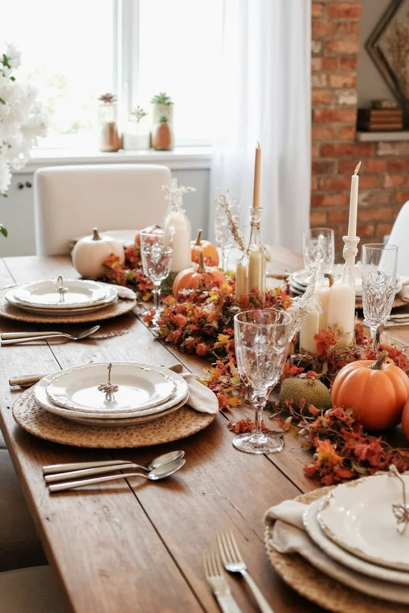 Vintage-style Thanksgiving table with mismatched china and lace details