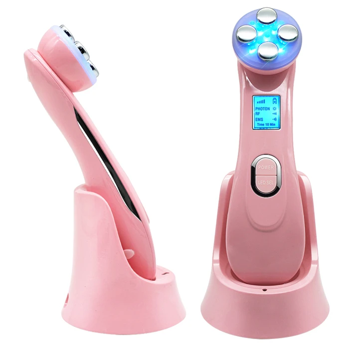 

High Frequency Skin Tightening EMS Colorful LED Light Face Massage 5 in1 Multifunctional Facial Massager, Pink, white