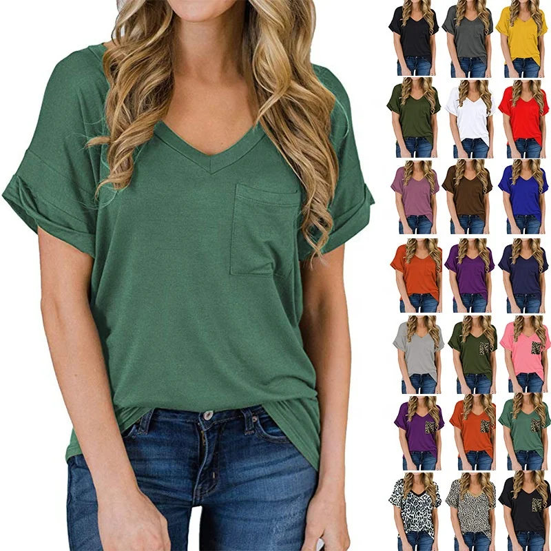 

DLL45 ladies custom logo blouse women tops v neck tshirts with pocket loose blouses curl sleeve blank cotton t shirts, As picture or customized make