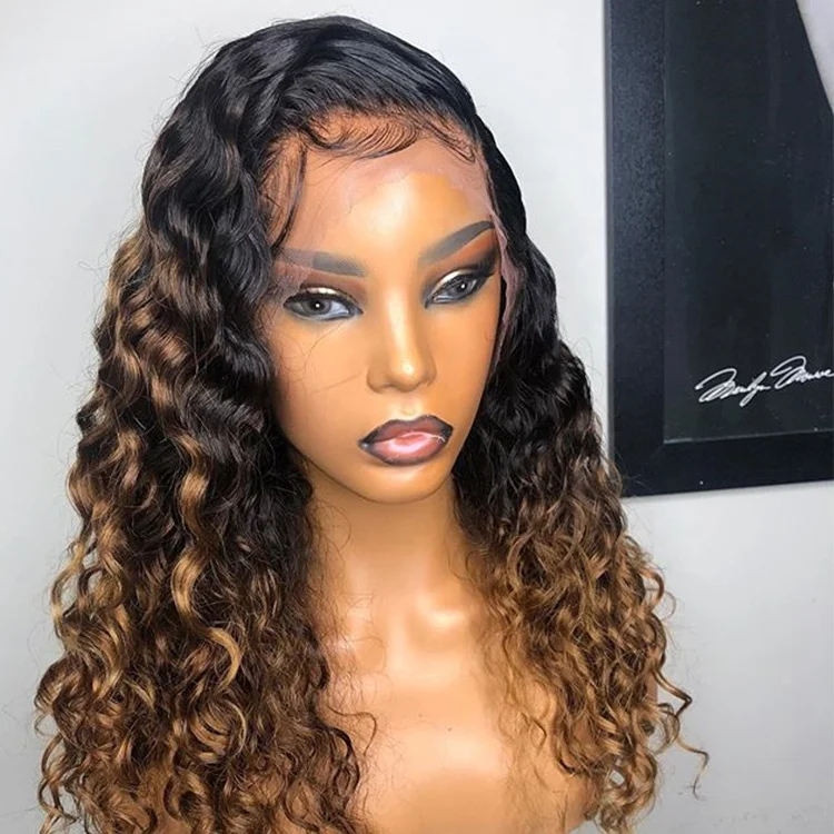

Glueless Honey Blonde Curly Full Lace Human Wig With Strap And Combs For Dark Skin Women omber 1BT/27 colorful wig wholesale