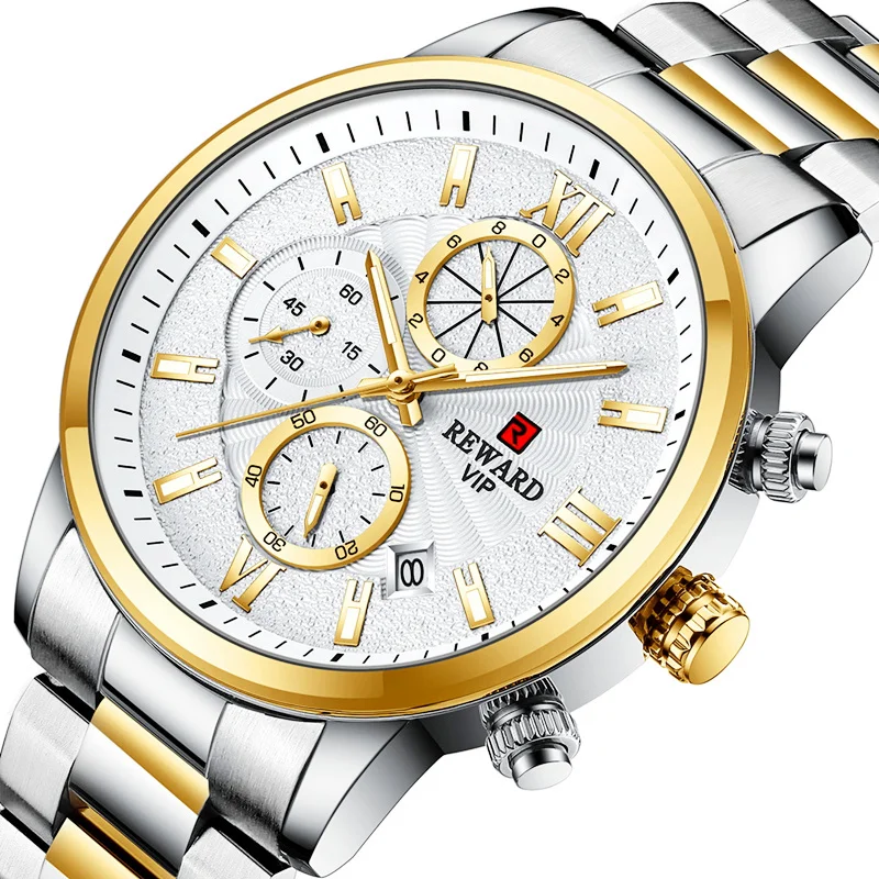 

Reward Hot selling fashion 3 time zone chronograph luxury watch man Customized white gold big casual Quartz Watch Horloges Man