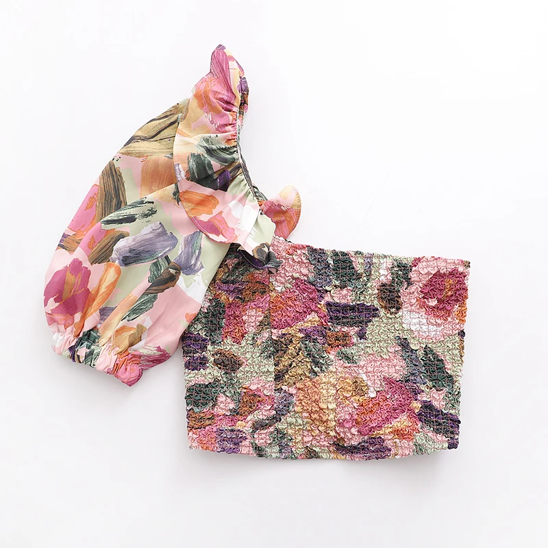 

Trench design puff sleeve elastic bust women one shoulder crop top blouse