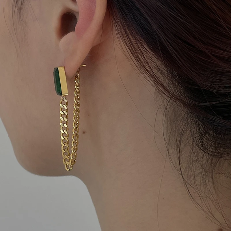 

Green Glass Rectangle Tassel Earrings Long Twisted Cuban Chain Geometric Earrings for Women Vintage Stainless Steel Jewelry 2021, Gold
