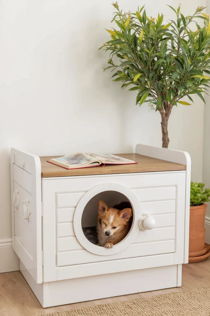 A close-up view of a wooden roll-out nest box showing the soft felt lining and rounded edges, perfect for a pet's comfort.
