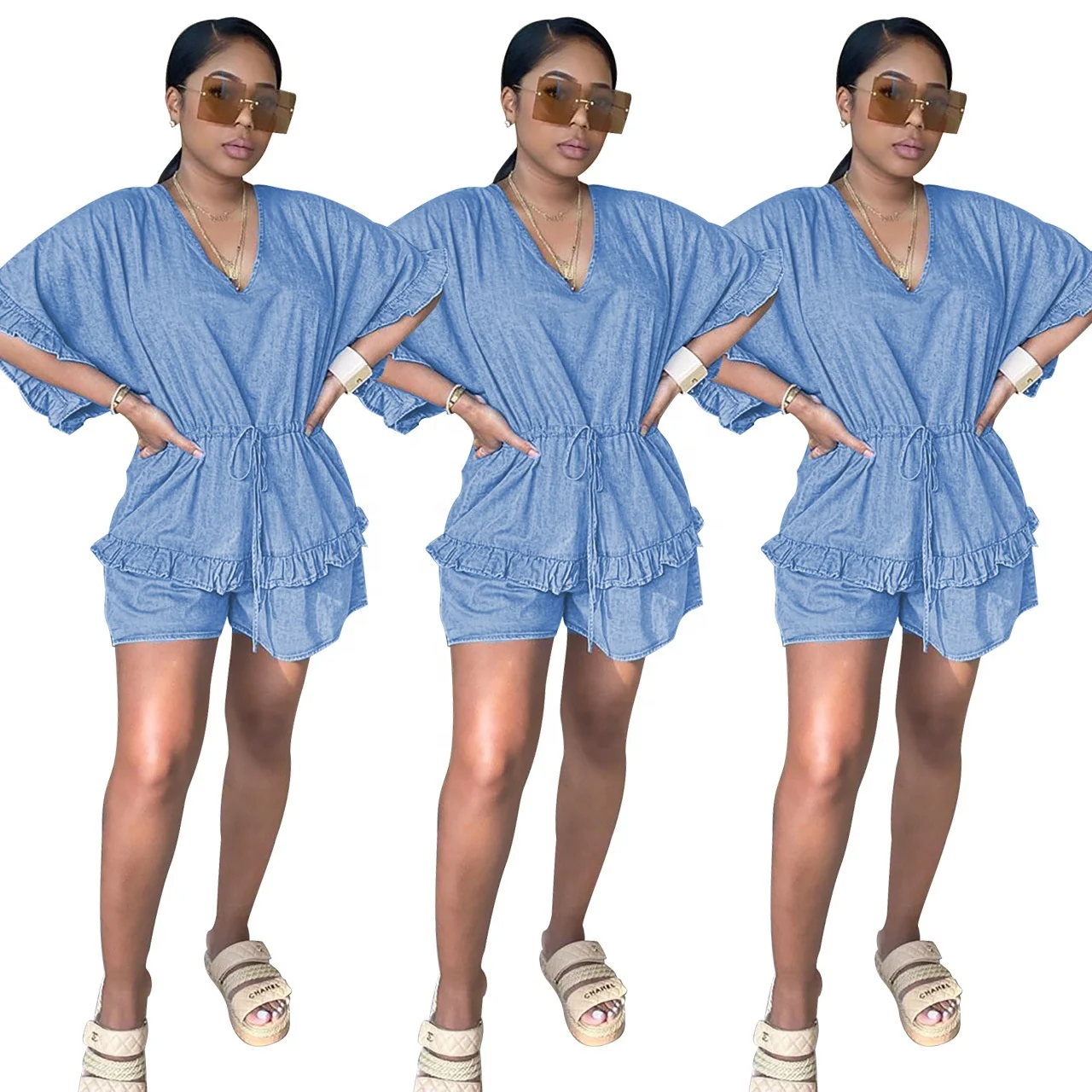 

AI16-573 Casual fashion summer sexy v-neck ruffled drawstring denim jumpsuit and jumpsuit