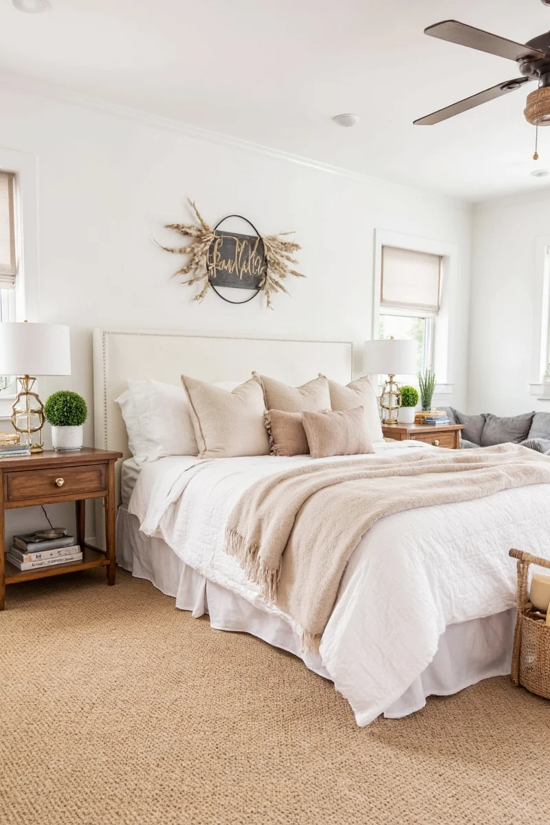 Fall-themed decorative pillows with leaf patterns and phrases like 