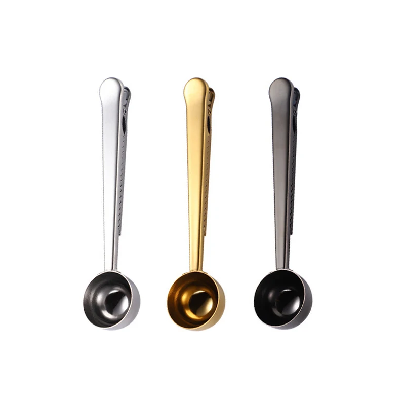 

Eco-friendly Stainless Steel Metal Measuring Coffee Spoon Scoop 15ml Clamp with Bag Clip Cutlery, Silver,gold,black