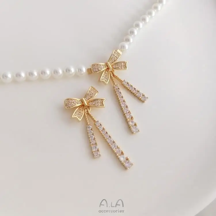 

14k Gold Plated Micro Inlaid Zircon Charm Bow Diy Headgear Pendant Findings For Jewelry Making