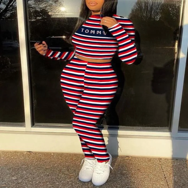 

MT37-6220 2020 wholesale fashion casual striped long sleeve sports suit ladies two piece pants set plus size women clothing