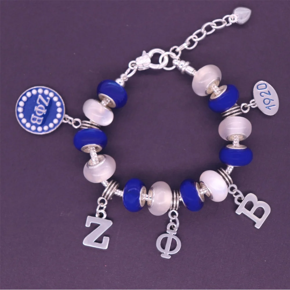 

Blue and white bead greek letter sorority ZPB charms jewelry bracelet zeta phi beta society bracelets
