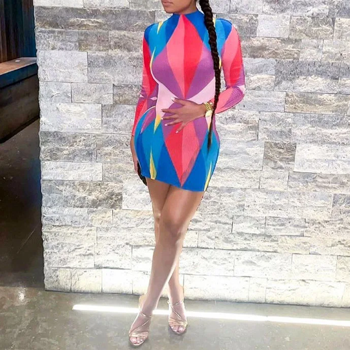 

FS4164D summer women fashion casual Multicolor print long sleeve streetwear dresses