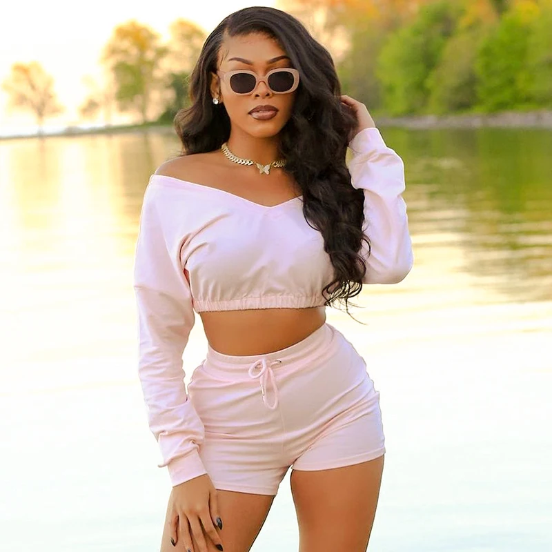 

Bomblook K21ST505 2021 Fall Sporty Outfit Long Sleeve Crop Top Drawstring Hot Short Solid Color Two Piece Set Women Casual