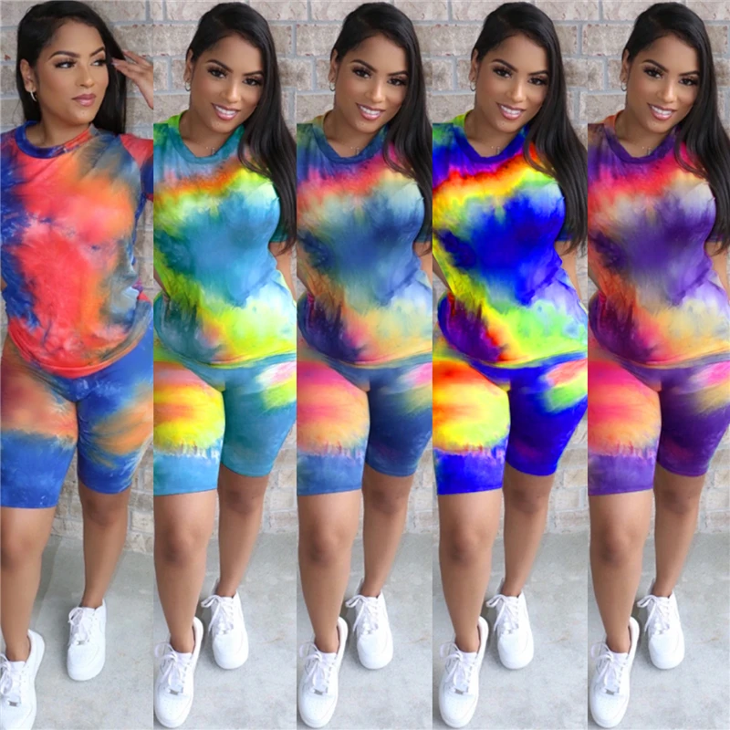 

JY-3530 Women Bodycon Short Leggings Set 2 Piece Outfits Biker Short Sets Tie Dye Two Piece Set, 5 as pictures