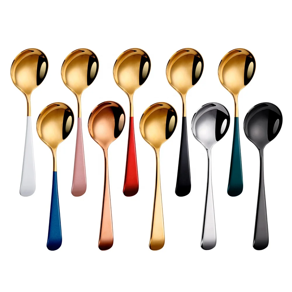

New 304 Stainless Steel High Quality Round Dessert Multifunctional Small Soup Spoon, Silver, gold, rose gold, black, blue, purple, colorful