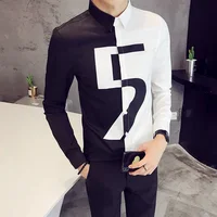 

High Quality Korean Shirt Men Slim Fit Long Sleeve Casual Male Shirts Personality Patchwork Color Night Club Prom Tuxedo Blouses