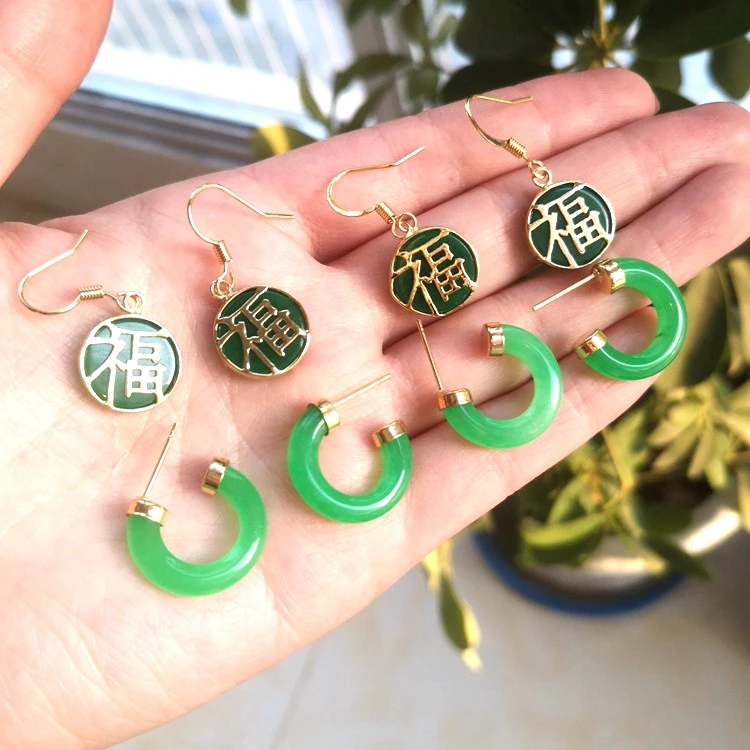 

Jialin Jewelry 14k gold earrings for women Nature stones hoop earring,green jade earrings chinese agate