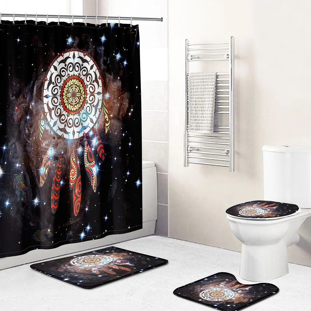 

3D Custom Colorful Dream Catcher Feathers Design 4 Piece Shower Curtains Sets with Non-Slip Rugs, Toilet Lid Cover and Bath Mat, Custom-made