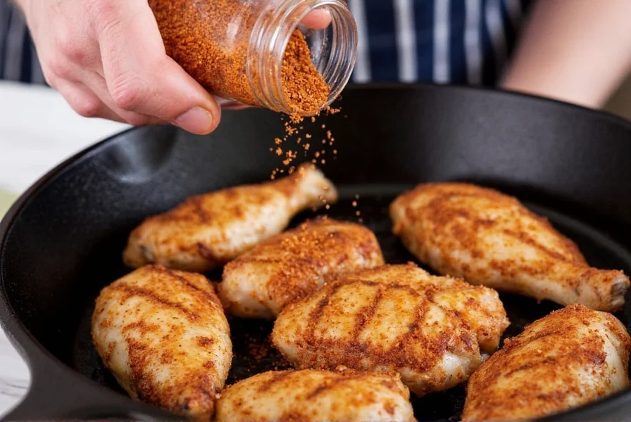 Chef seasoning chicken with cajun spice blend before grilling on cast iron skillet