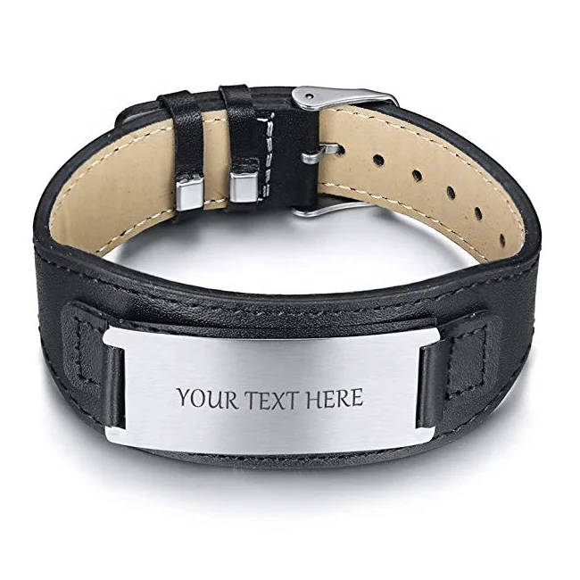 

Wholesale Free Custom Personalized Stainless Steel Adjustable Wristband Genuine Leather Bracelets, Customized color