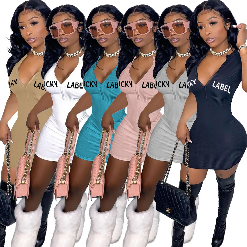 

2021 New Summer Women Dress Casual Short Sleeve Zipper Solid Color Midi Lady Skirt Women Clothing, Picture