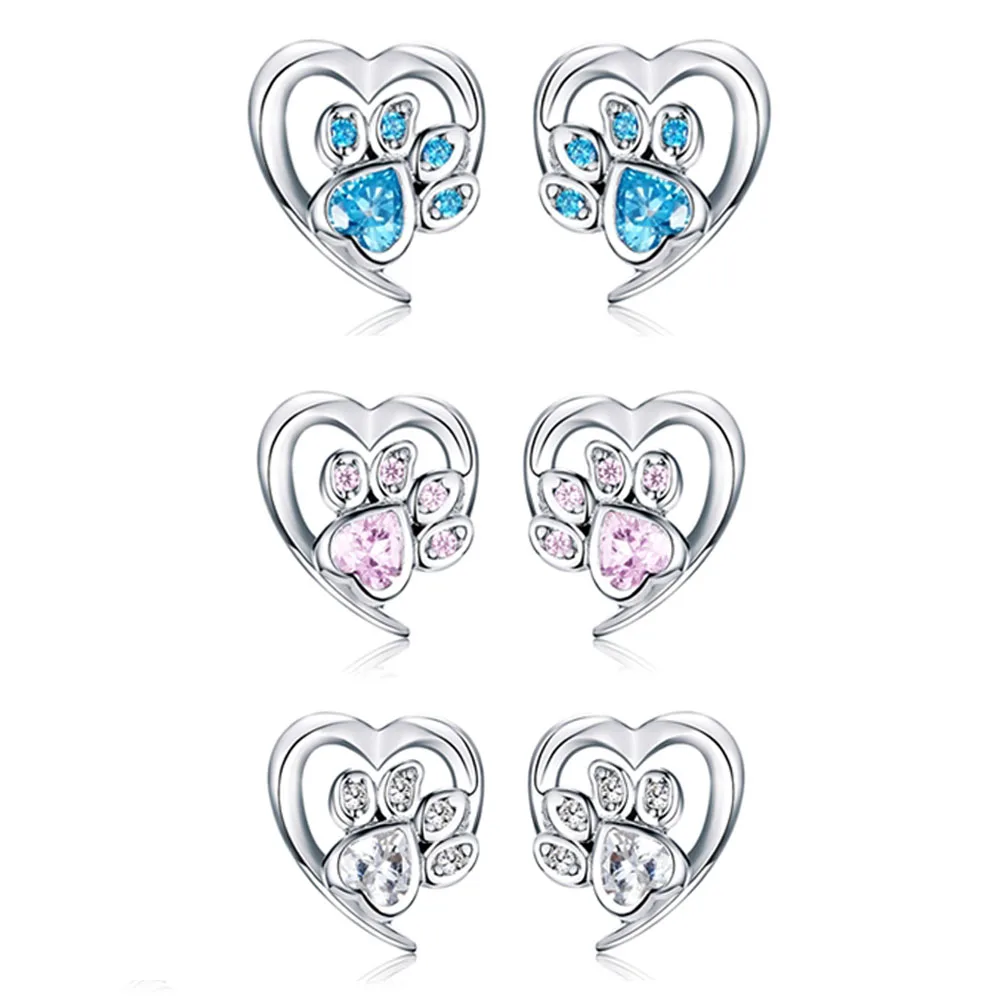 

Shining crystal paw footprint 925 silver heart shape stud earrings