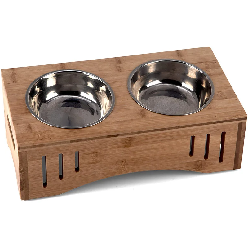 

Bamboo pet bowl rack stainless steel bowl feeder adjustable